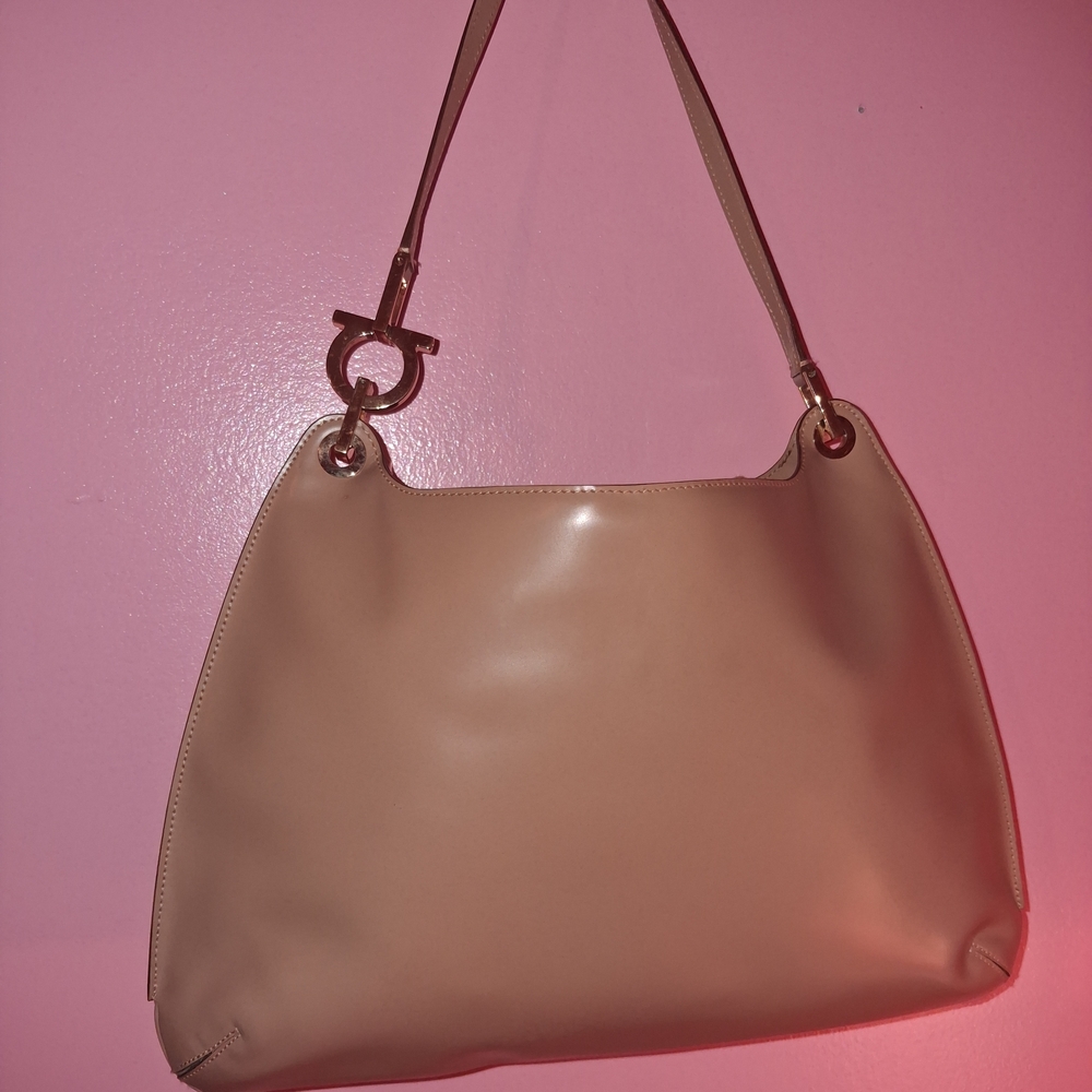 Authentic Salvatore Ferragamo Vintage Gancini Hobo Bag - Beige Calfskin Leather